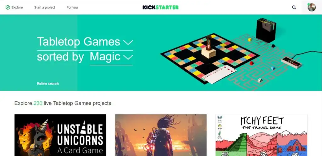 Kickstarter's homepage