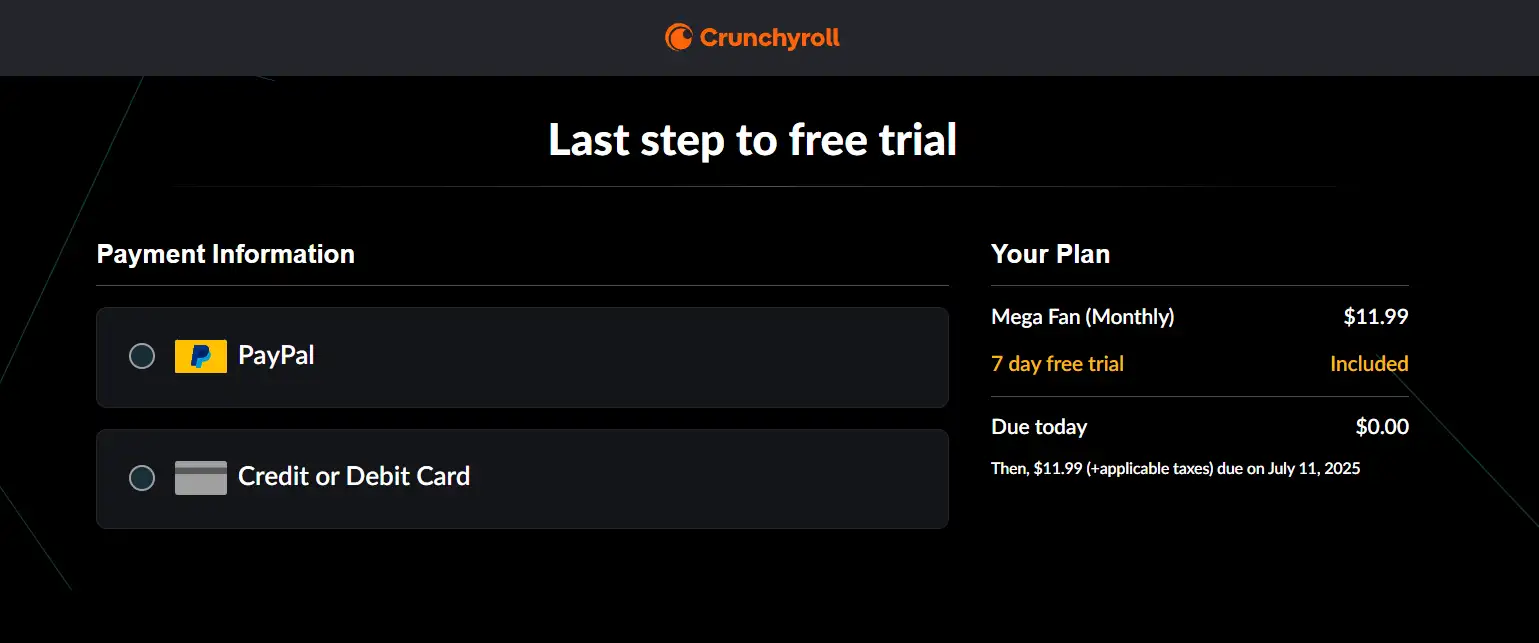 Payment information for Crunchyroll Payment information for Crunchyroll