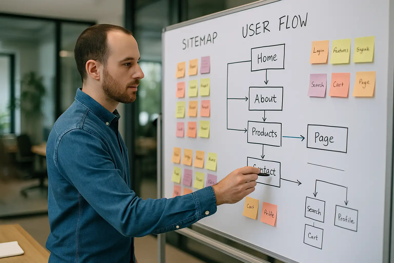 A web strategist planning a website's information architecture, a key step in creating a website design from scratch.