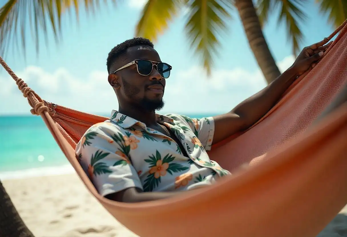 A young man wearing sunglasses, lounging in a hammock on a beach.