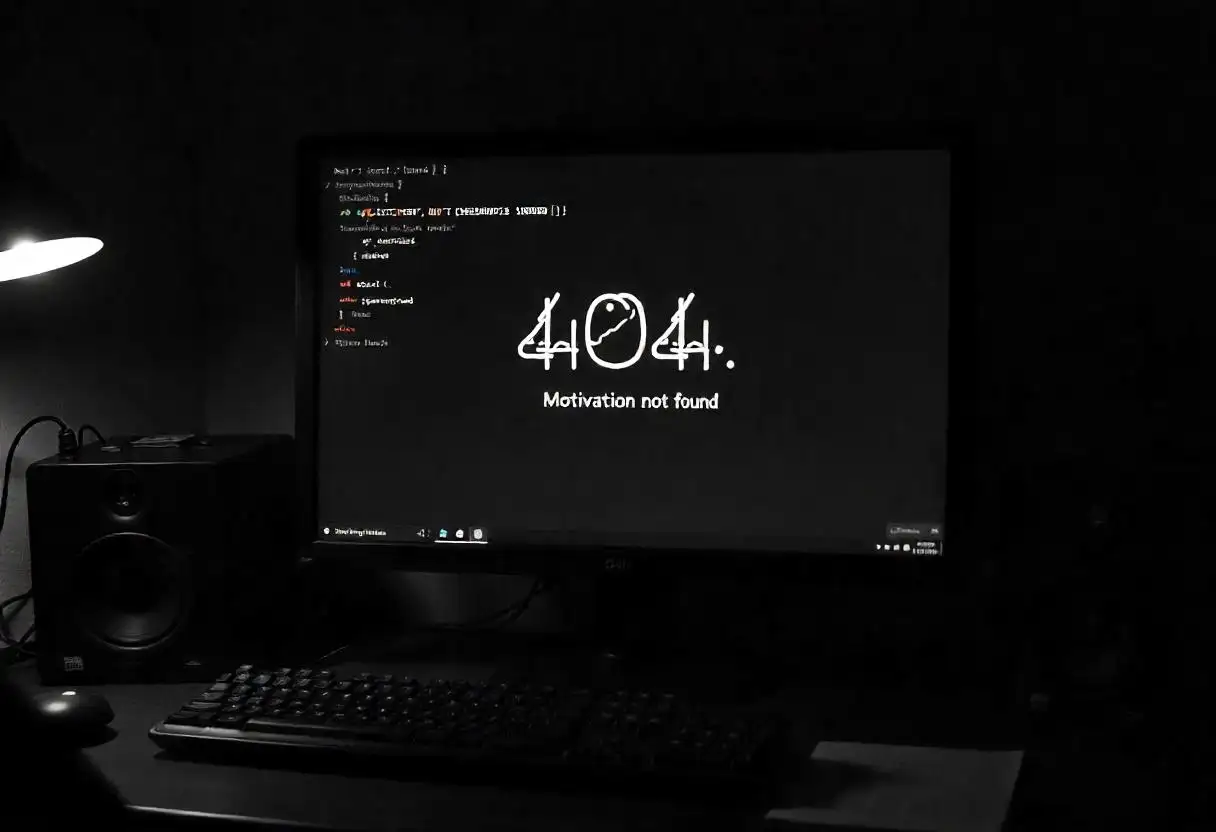"404: Motivation not found." Displayed on a pixelated computer screen with error messages