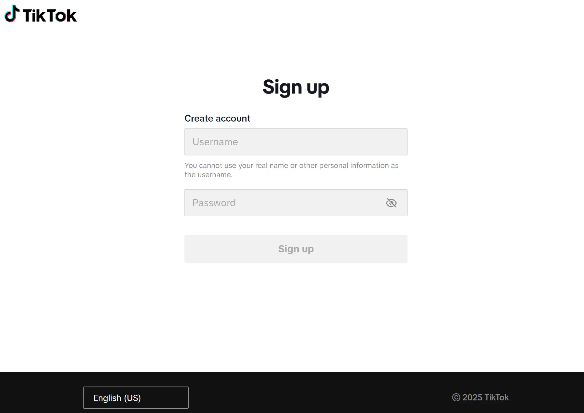 Sign-up interface on TikTok