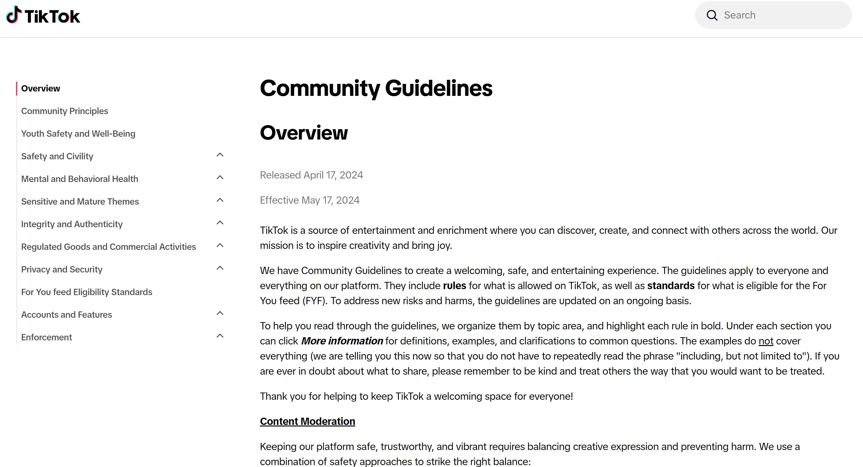 TikTok community guidelines for users to read