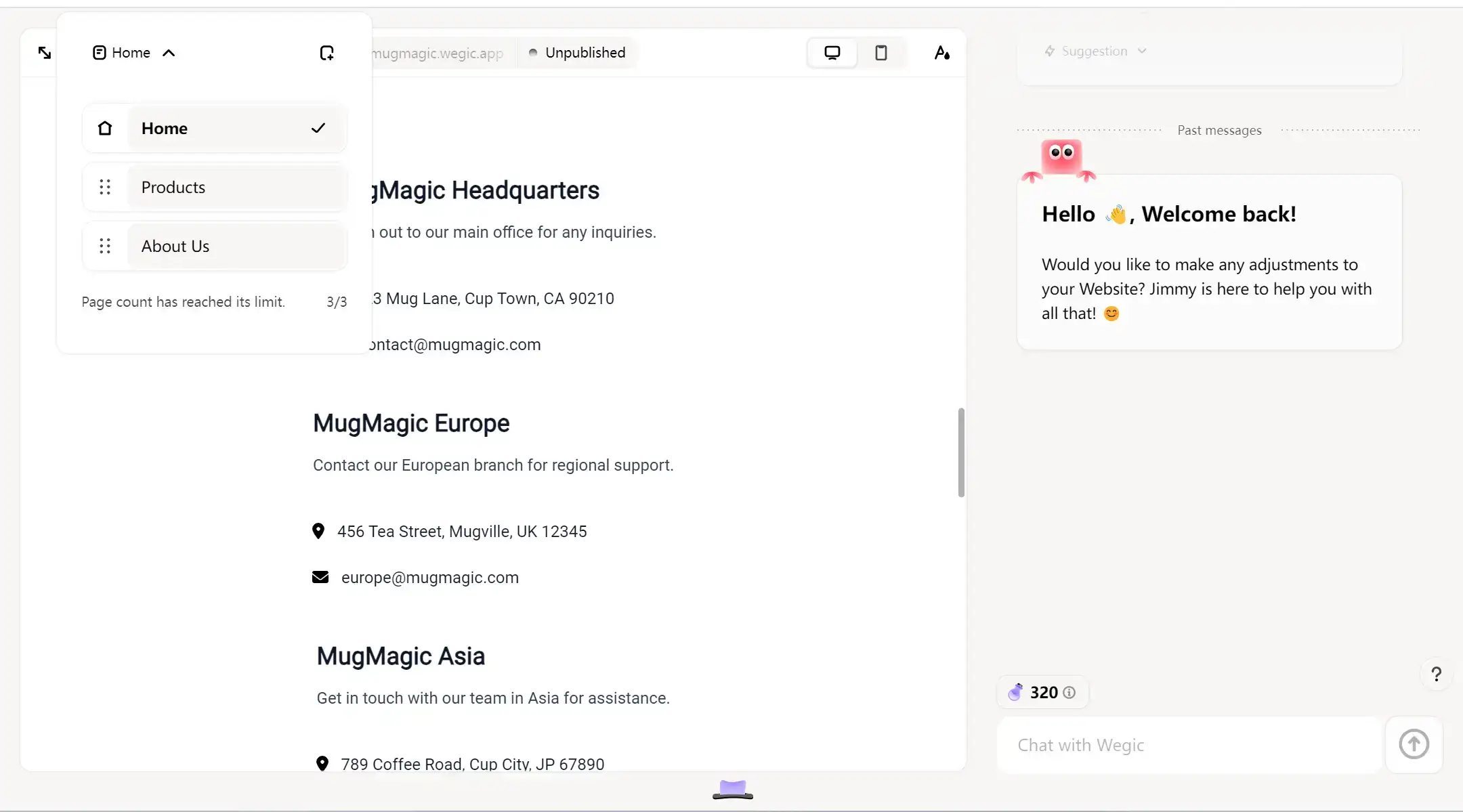 Configure pages according to users' purposes on Wegic