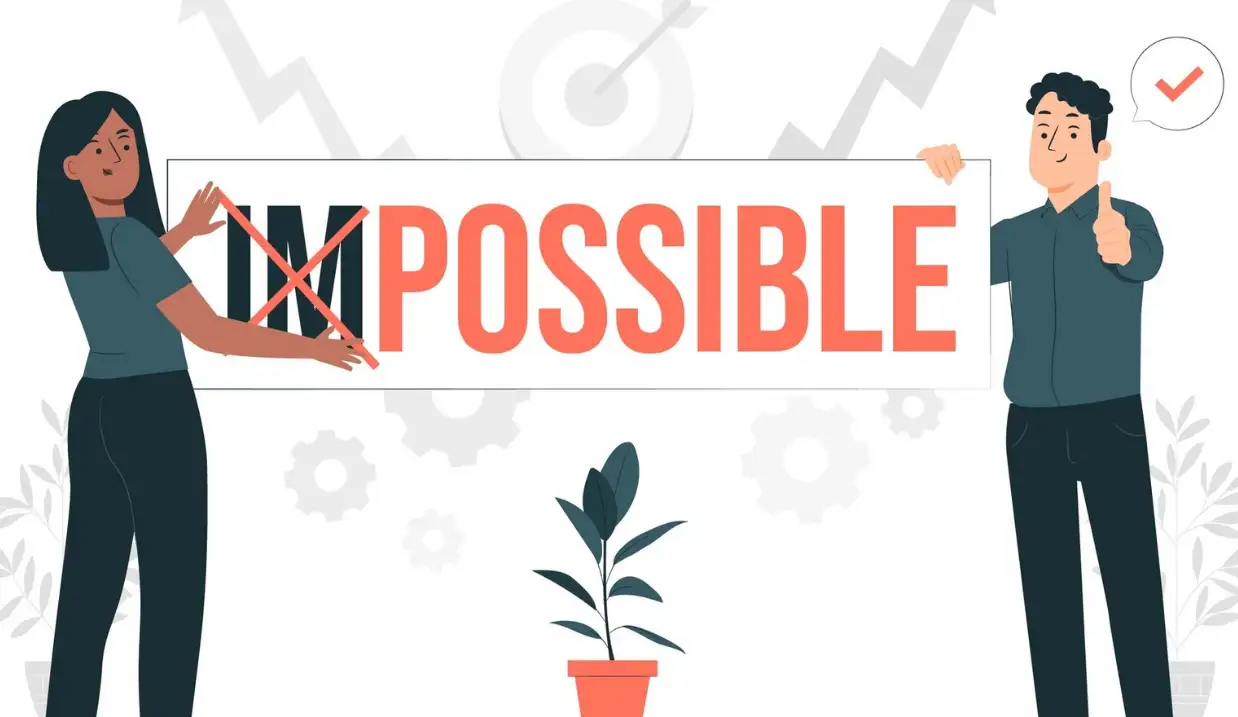 Two characters holding a slogan of written Impossible text