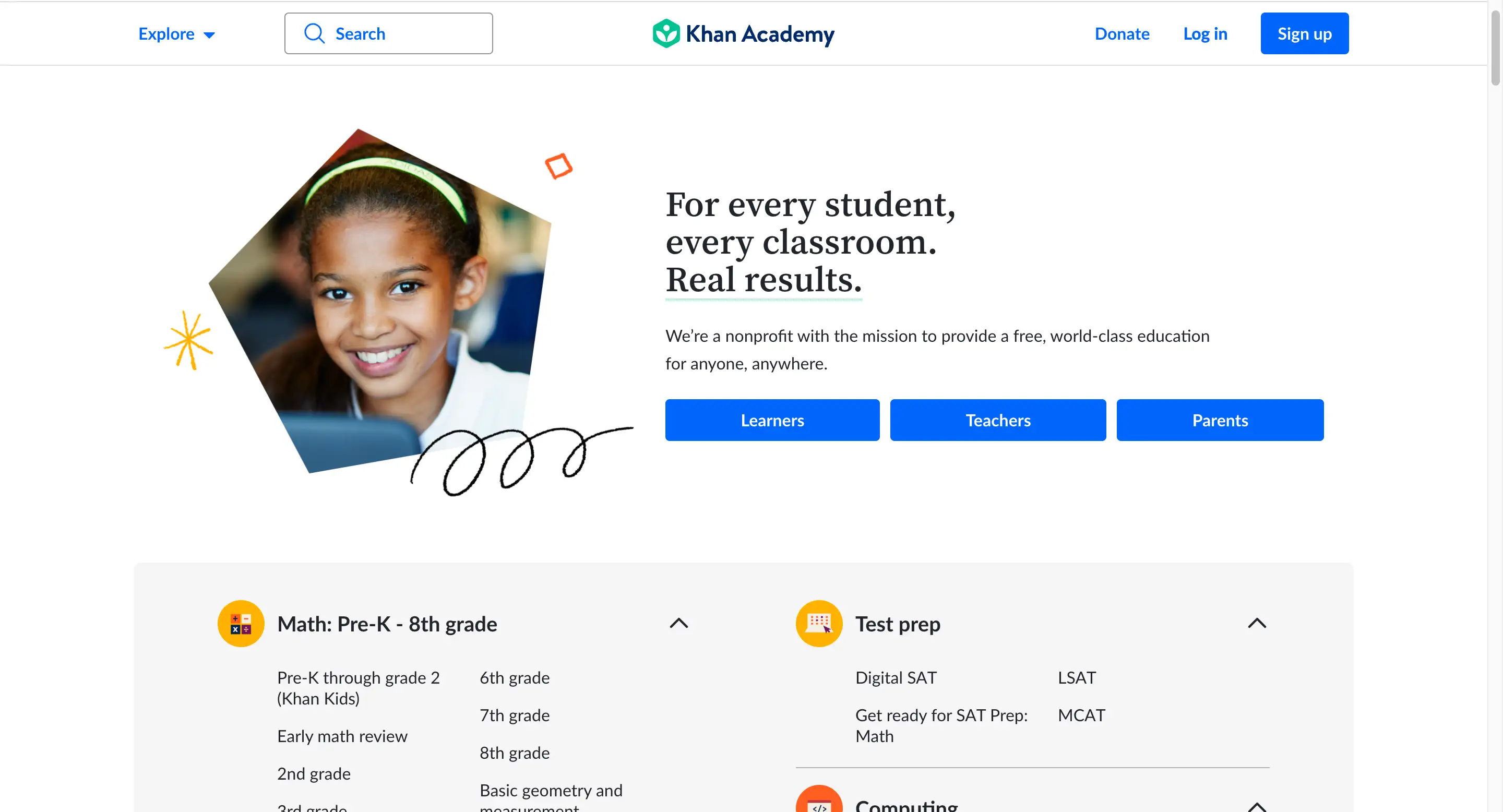 khan academy homepage with sign in button