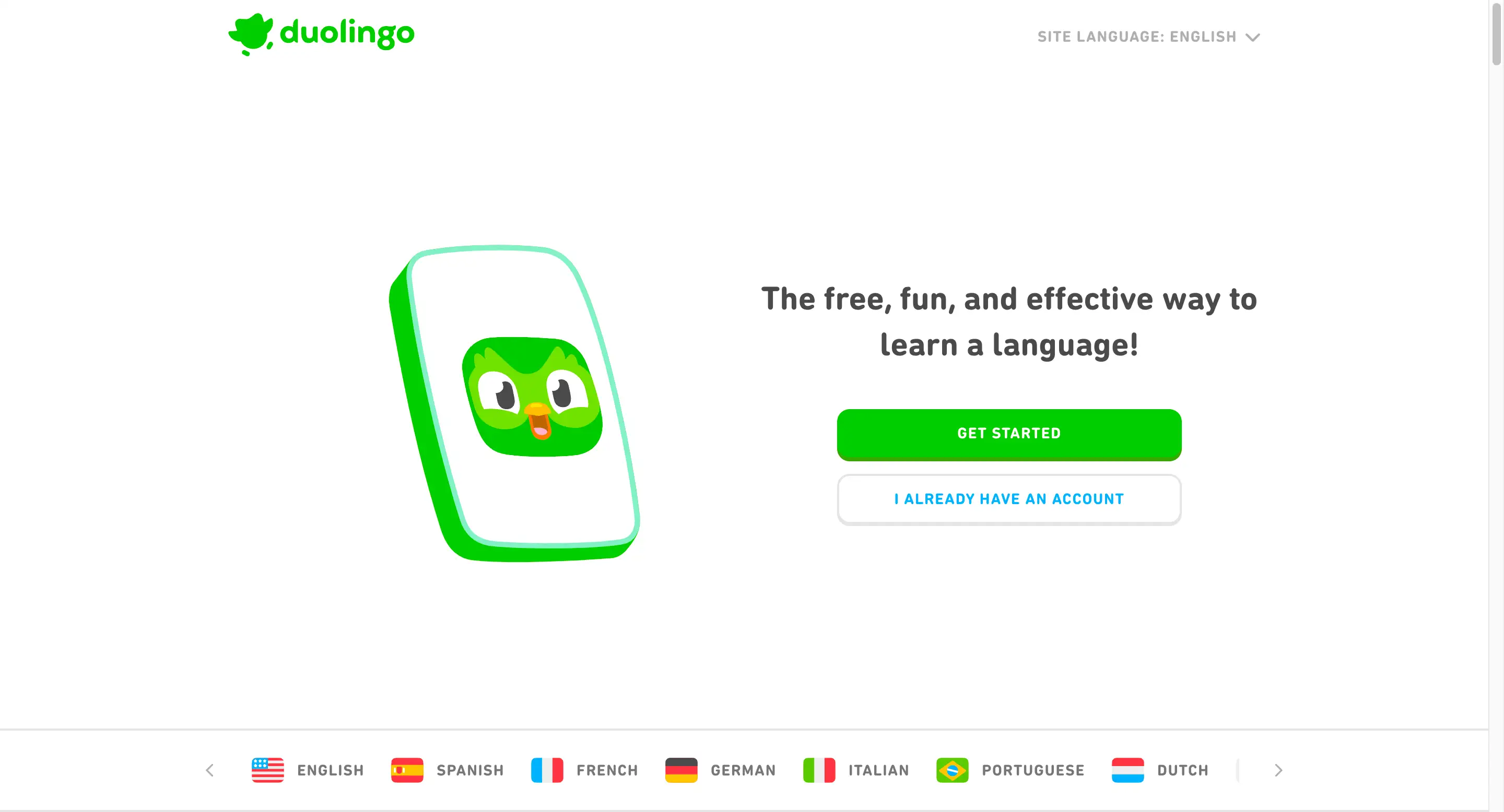 duolinguo homepage with get started button