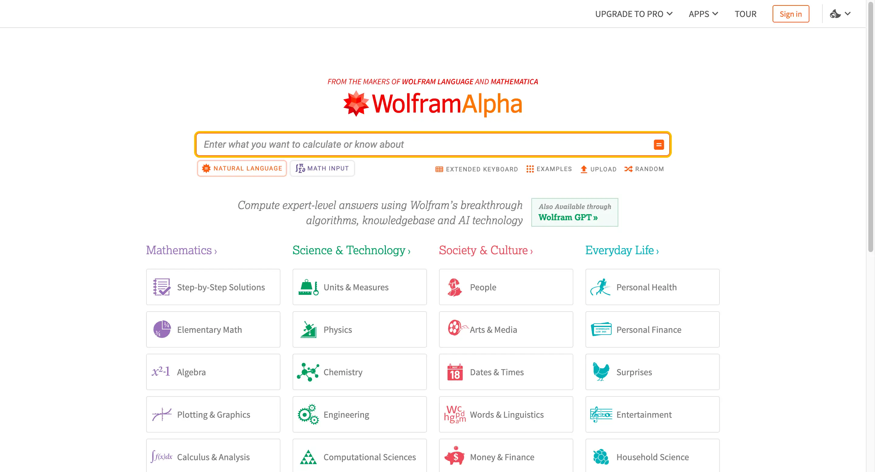 wolfarm alpha landing page with field choices