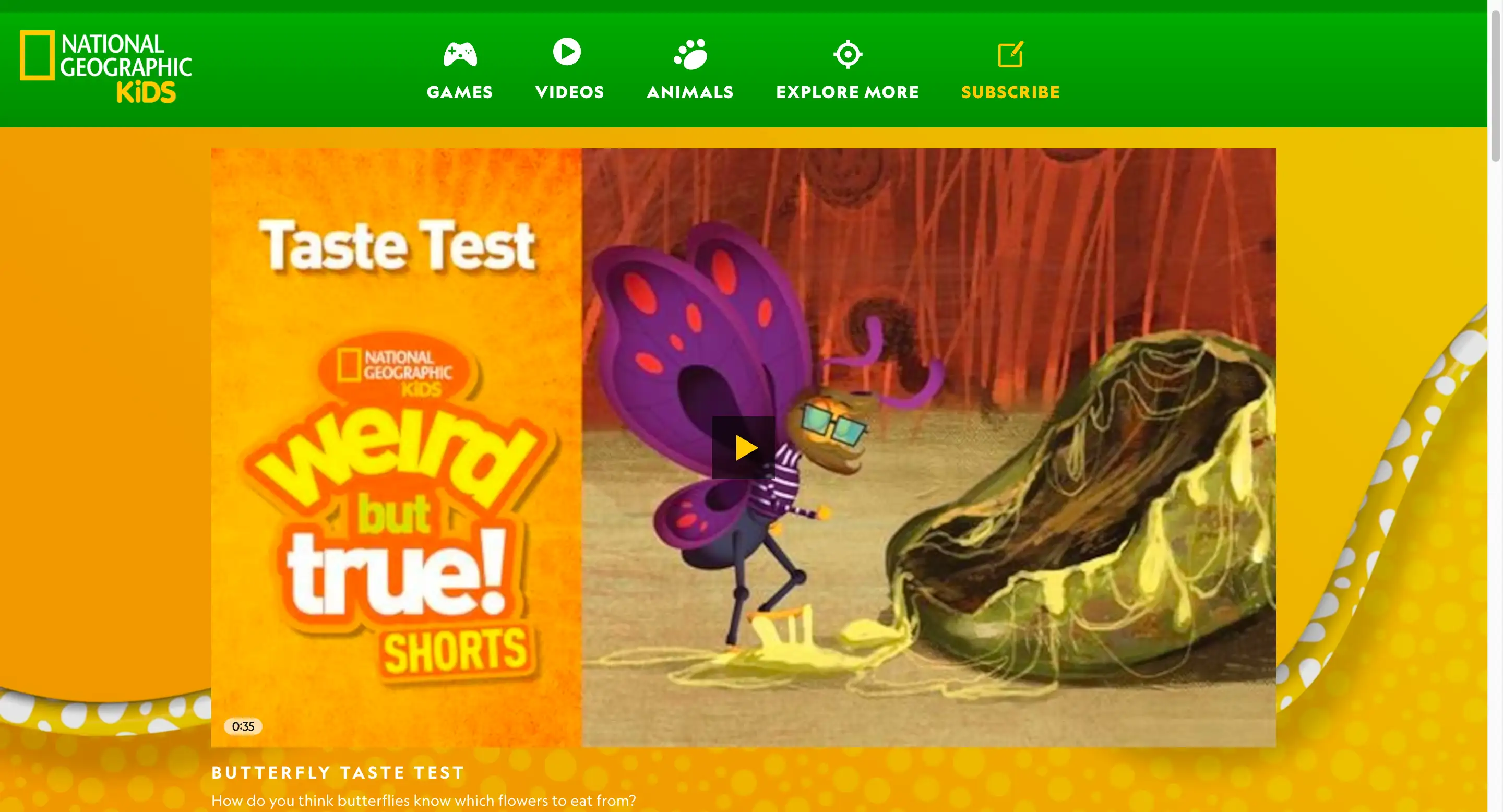 national geographic kids landing page with a video