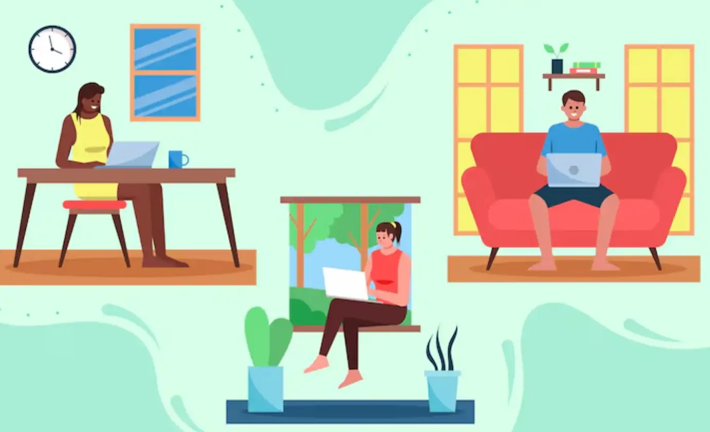 Three people are working remotely from their homes Three people are working remotely from their homes