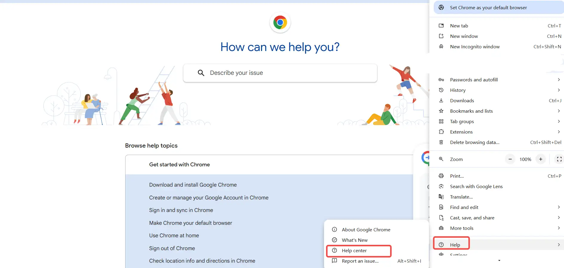 helper center on google chrome