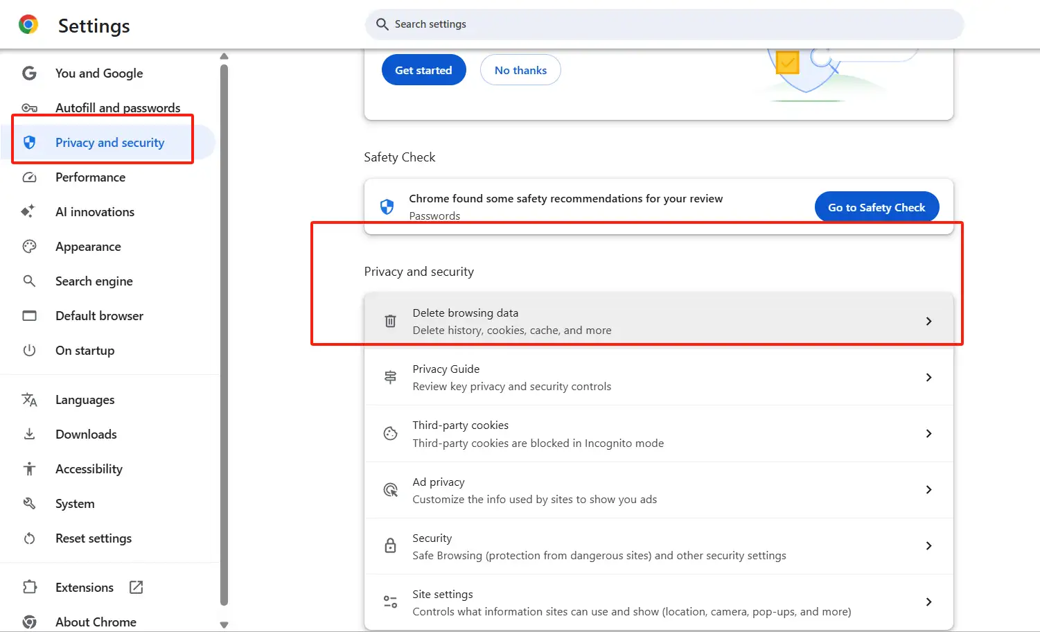 clear browsing data option