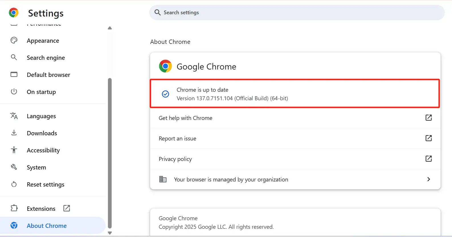 Update to the newest version of Google Chrome in Settings
