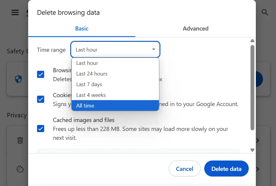 Choose a time range when deleting browsing data on Chrome