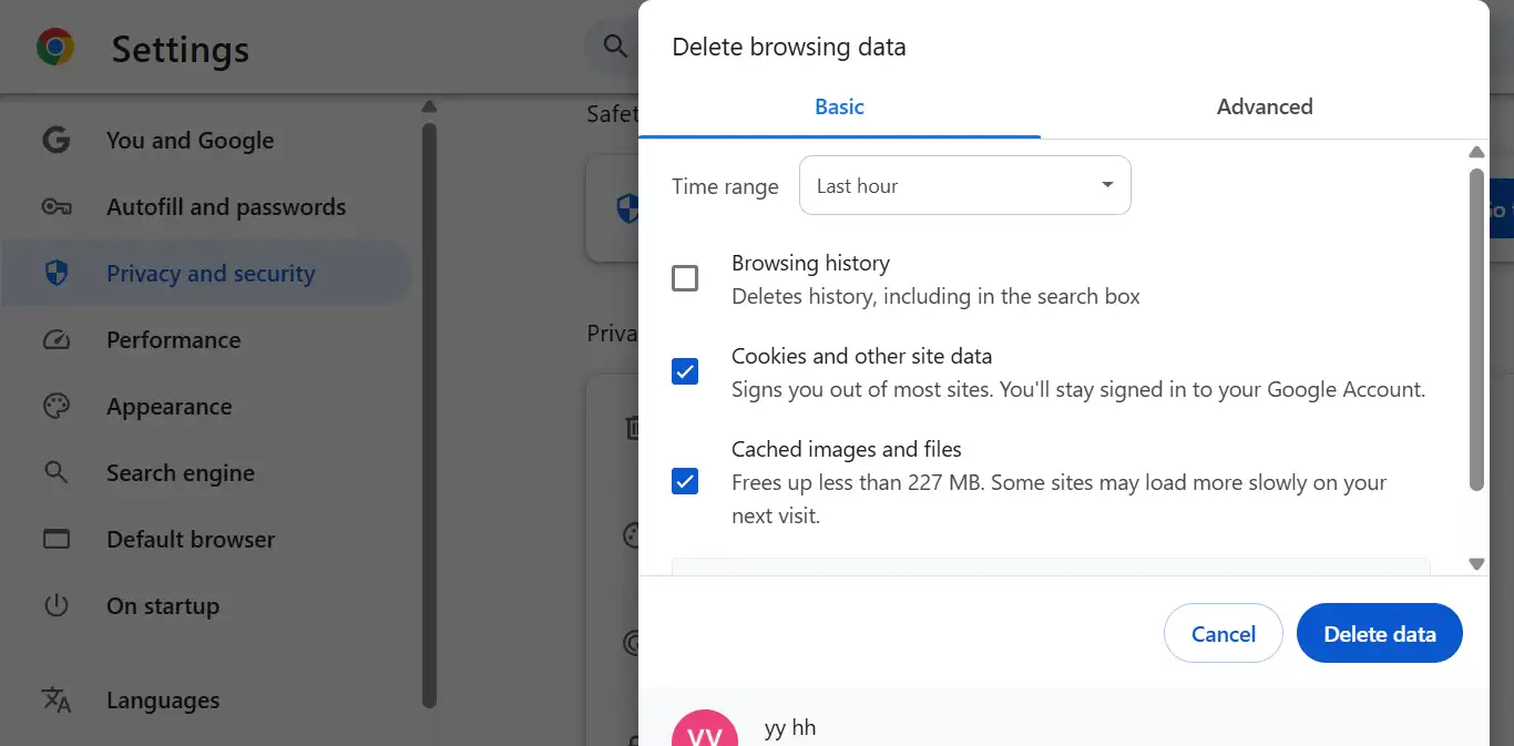 Delete browsing data on Google Chrome