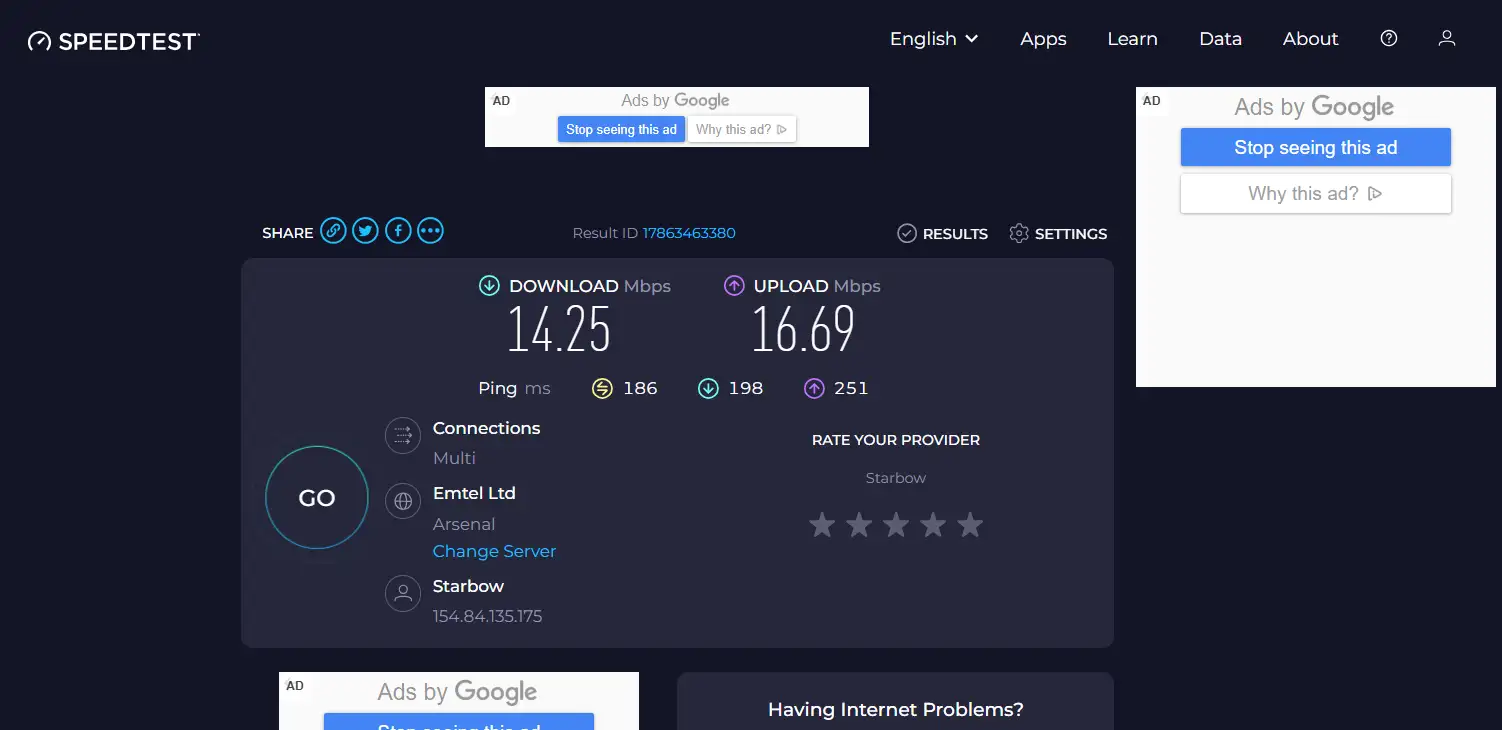 A quick Internet speed test on the Speedtest platform