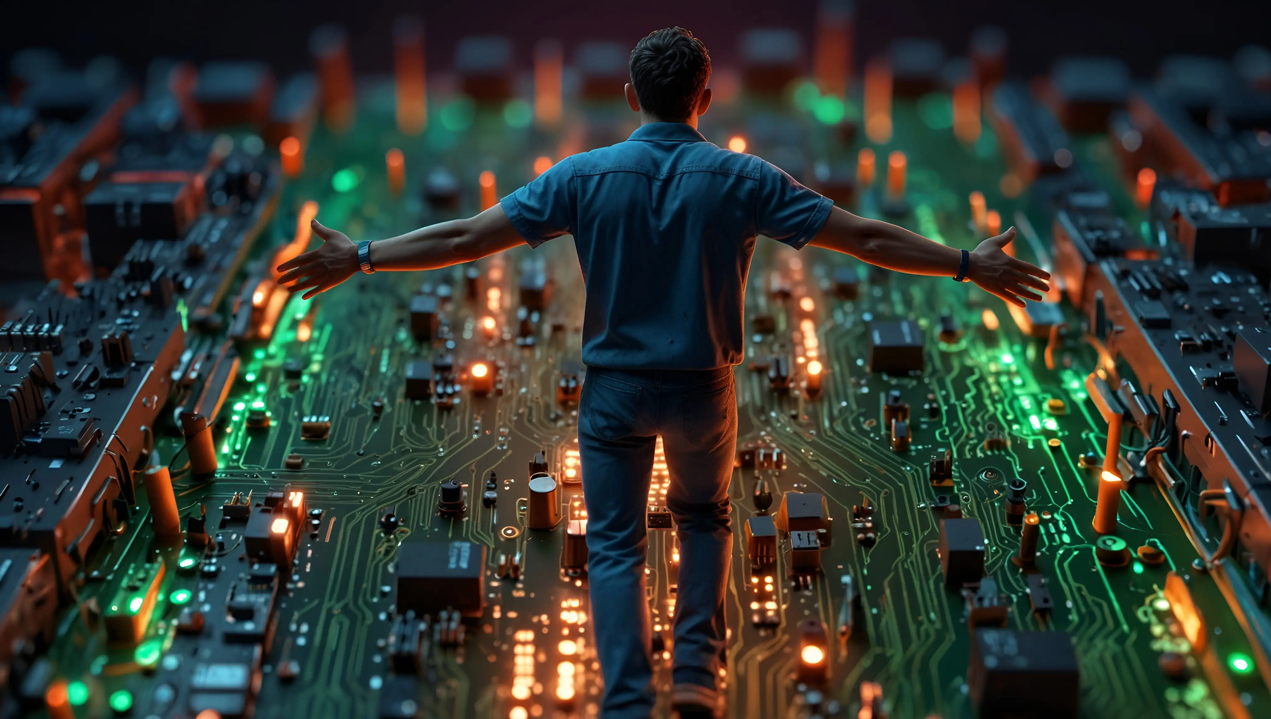 a person standing on a large and illuminated circuit-board