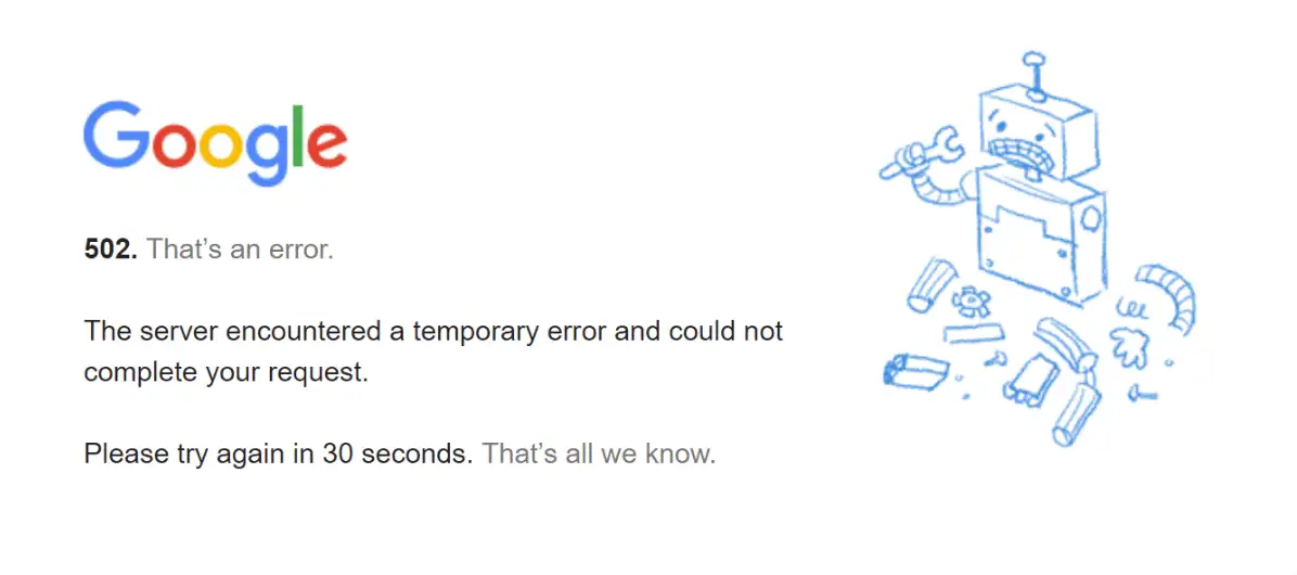 a 502 error messsage from Google