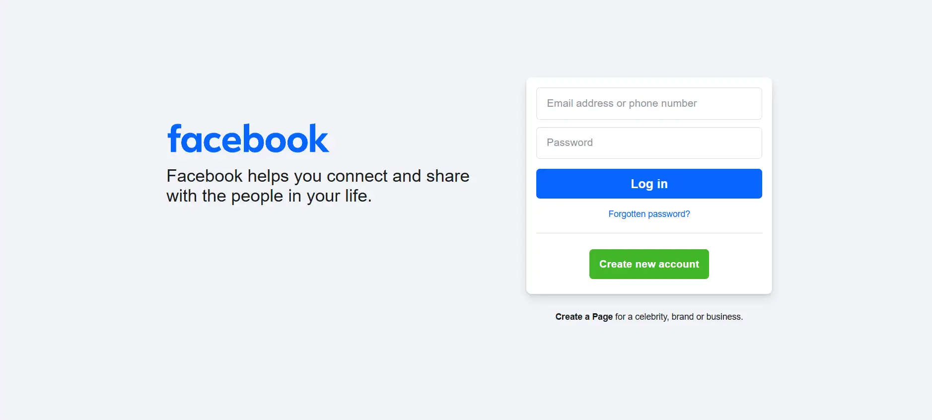 facebook login page