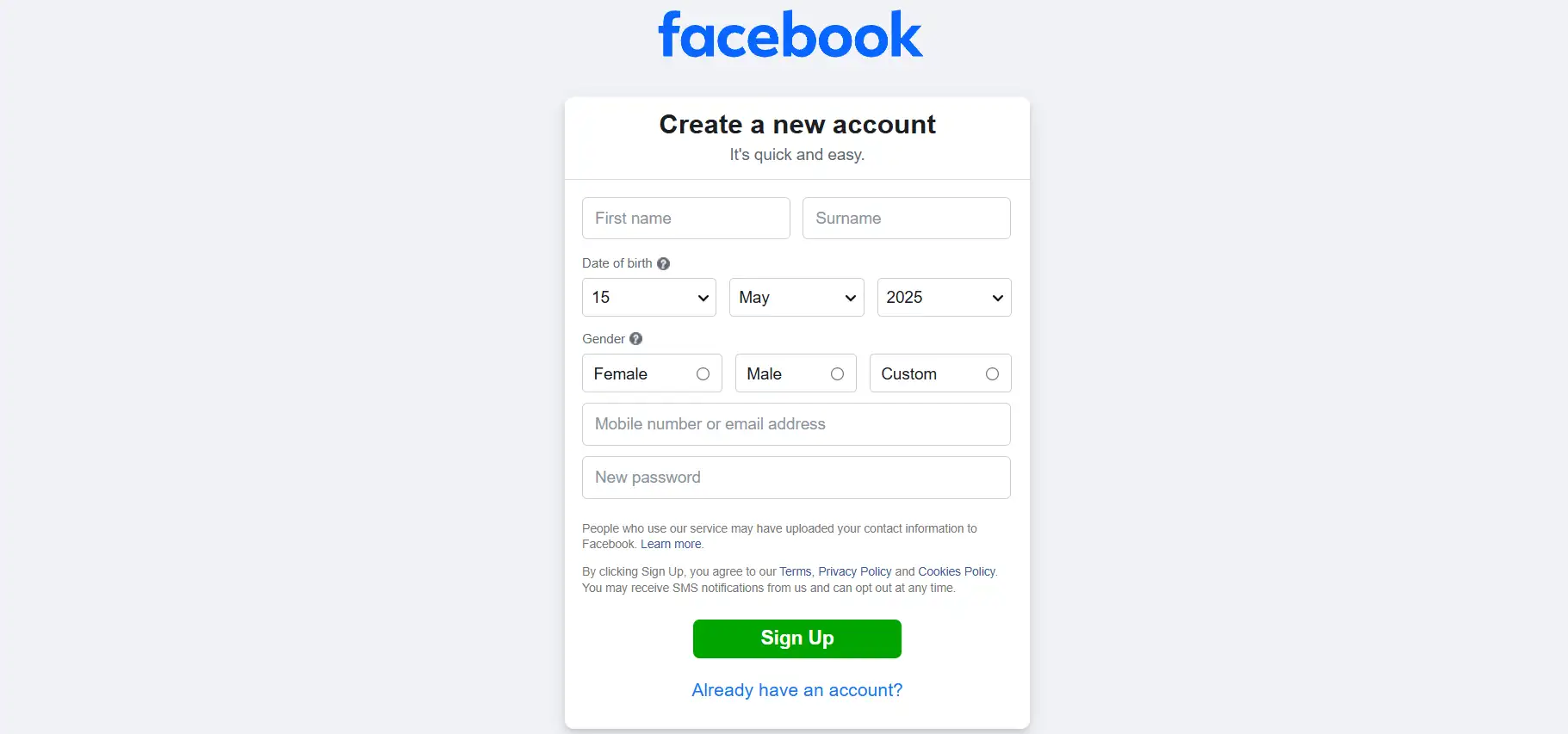 create facebook account