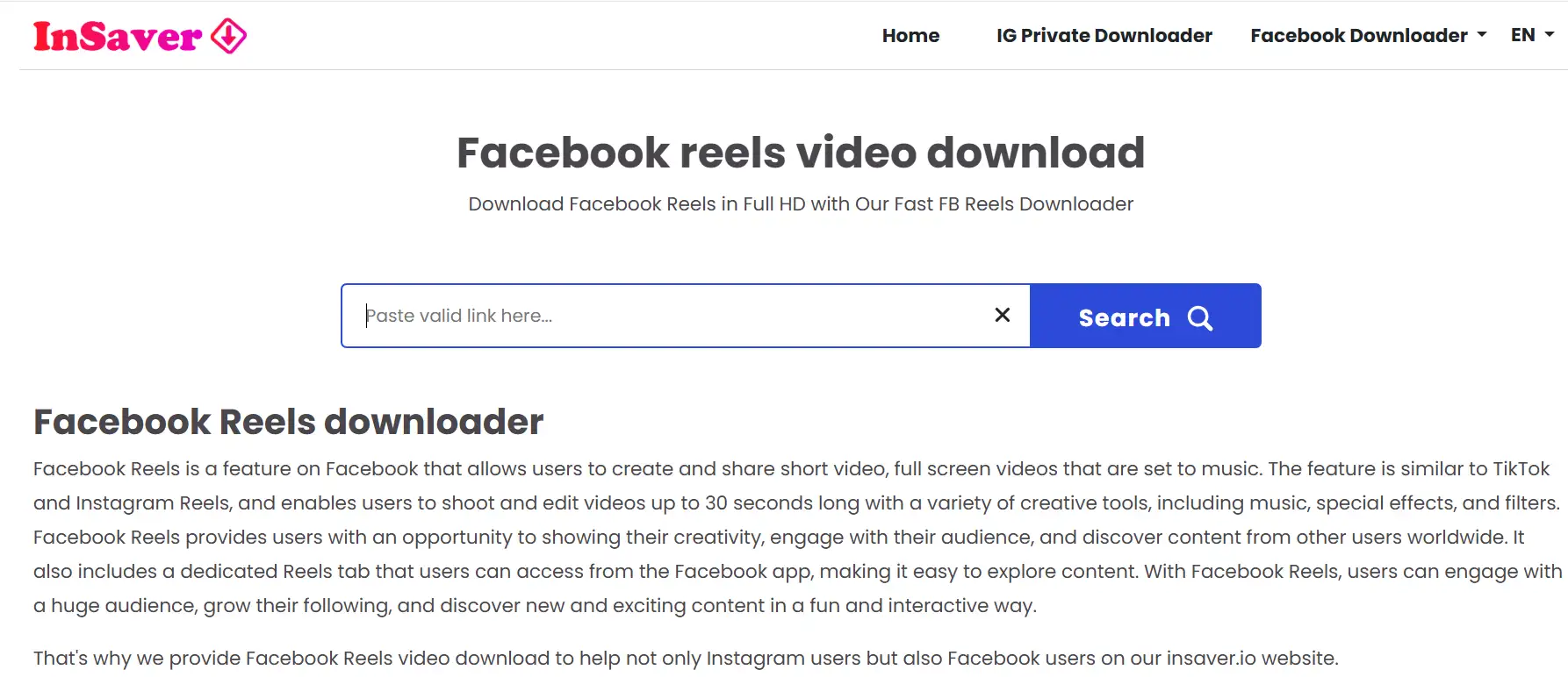 The web interface of Insaver.io Facebook Reel downloader