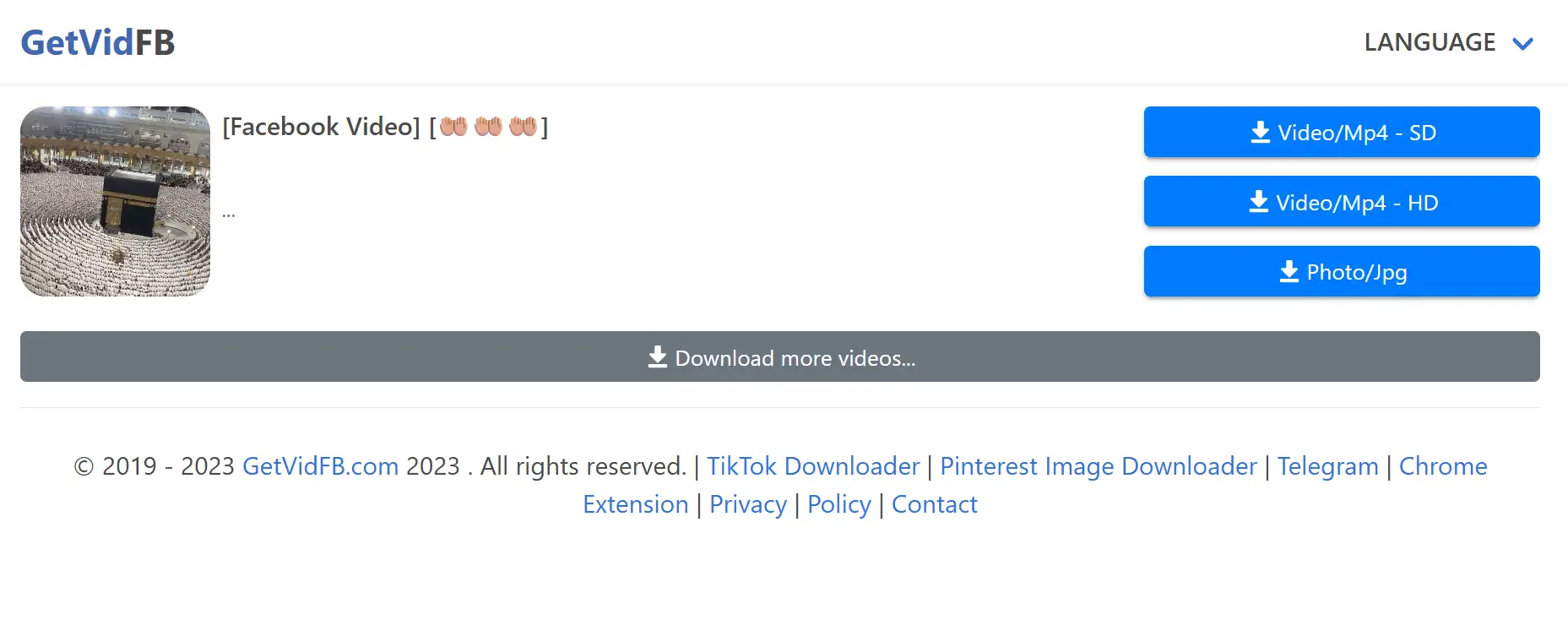 GetVidFB interface for downloading Facebook videos/photos.
