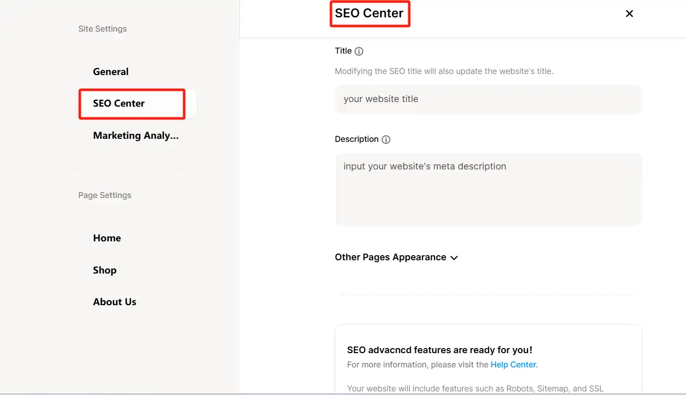 Wegic SEO Center for website title and meta description