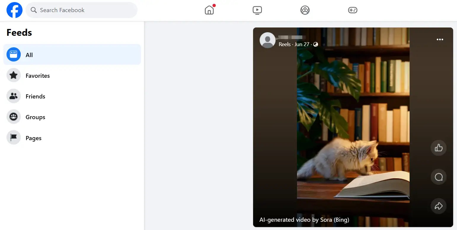 Facebook Feeds with a cat Reel playing