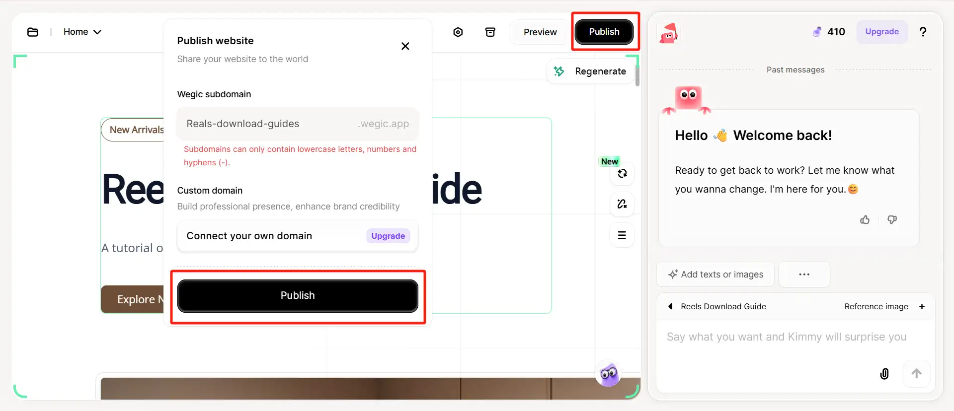 Wegic website publishing interface with Publish button