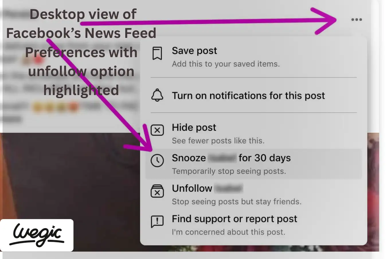 Desktop view of Facebook’s News Feed Preferences with unfollow option highlighted