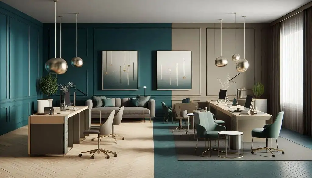 deep teal and warm taupe office