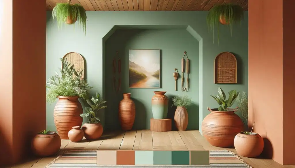 earthy terracotta and sage green corridor