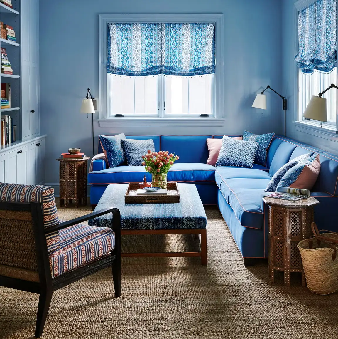 electric blue and soft lavender living room