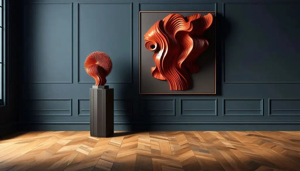 burnt orange and slate blue museum sculpture
