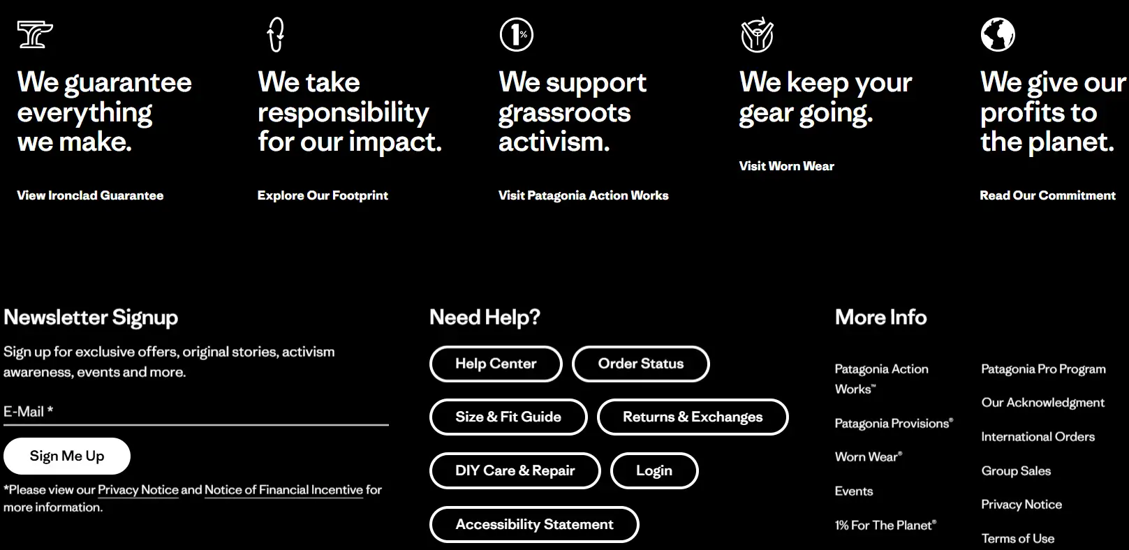 Patagonia's website footer