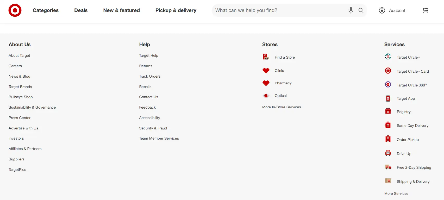 Target's website footer