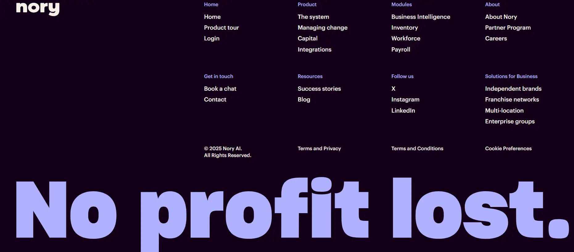 Nory's website footer