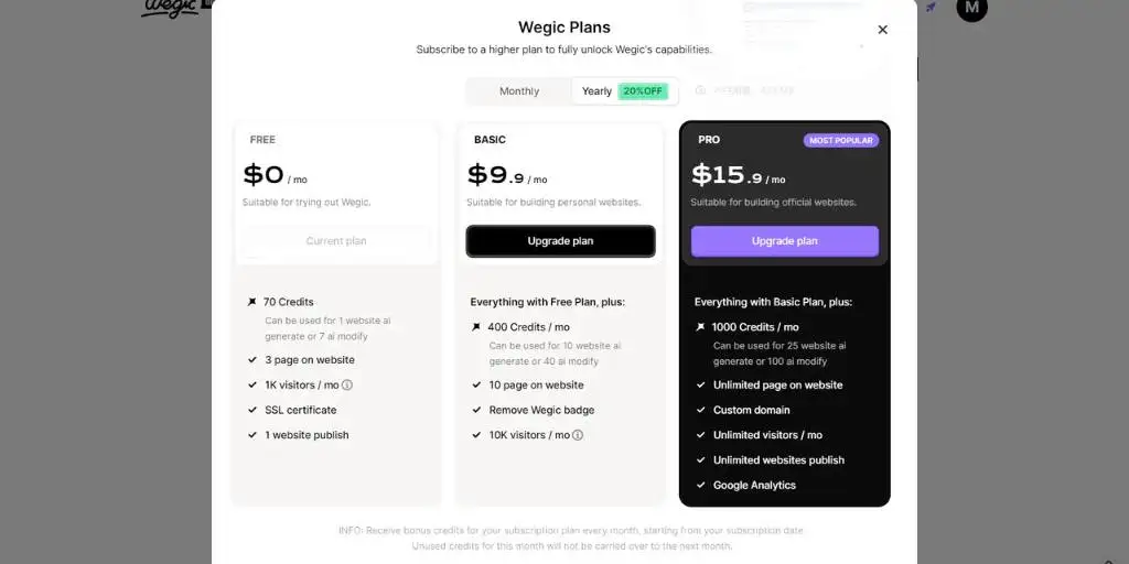 different wegic ai tool price plans