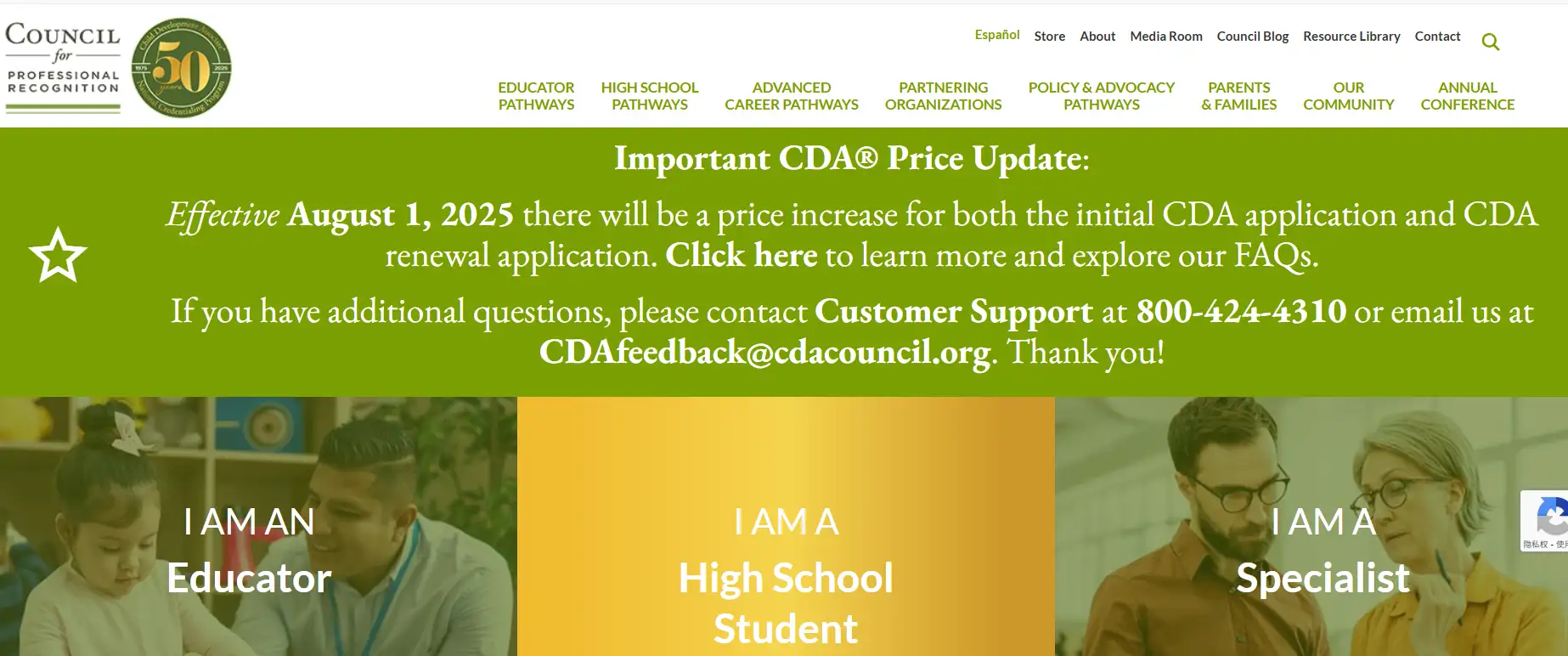 the Council for Professional Recognition's homepage