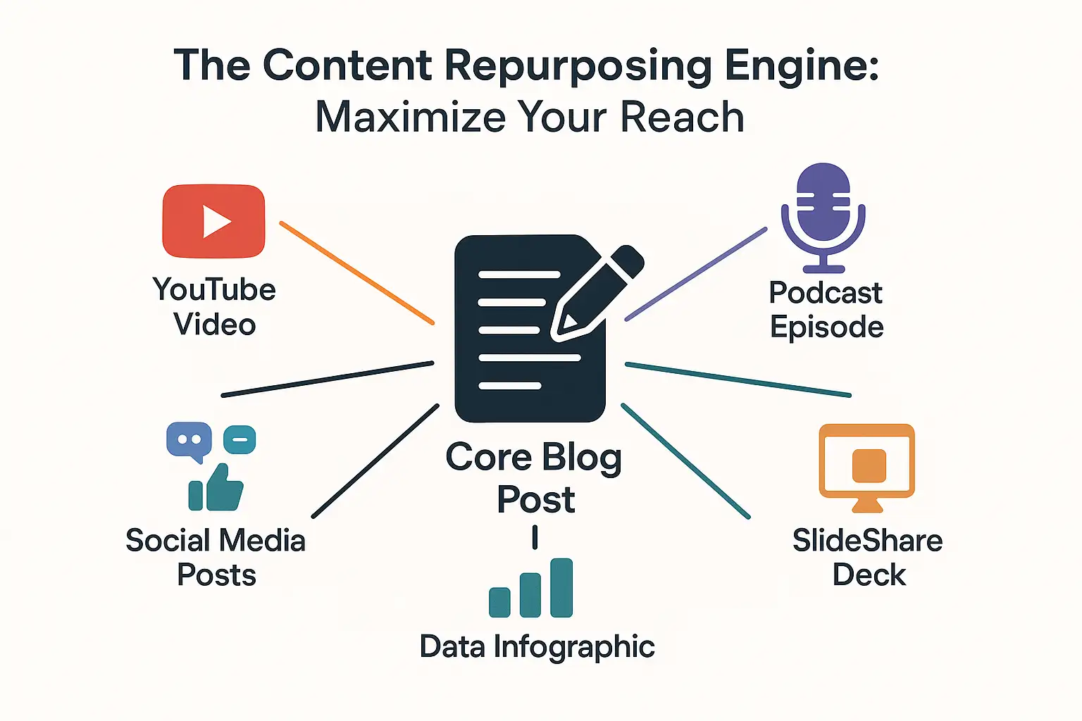A diagram showing a content repurposing strategy, a smart way to drive traffic to a new website. A diagram showing a content repurposing strategy, a smart way to drive traffic to a new website.