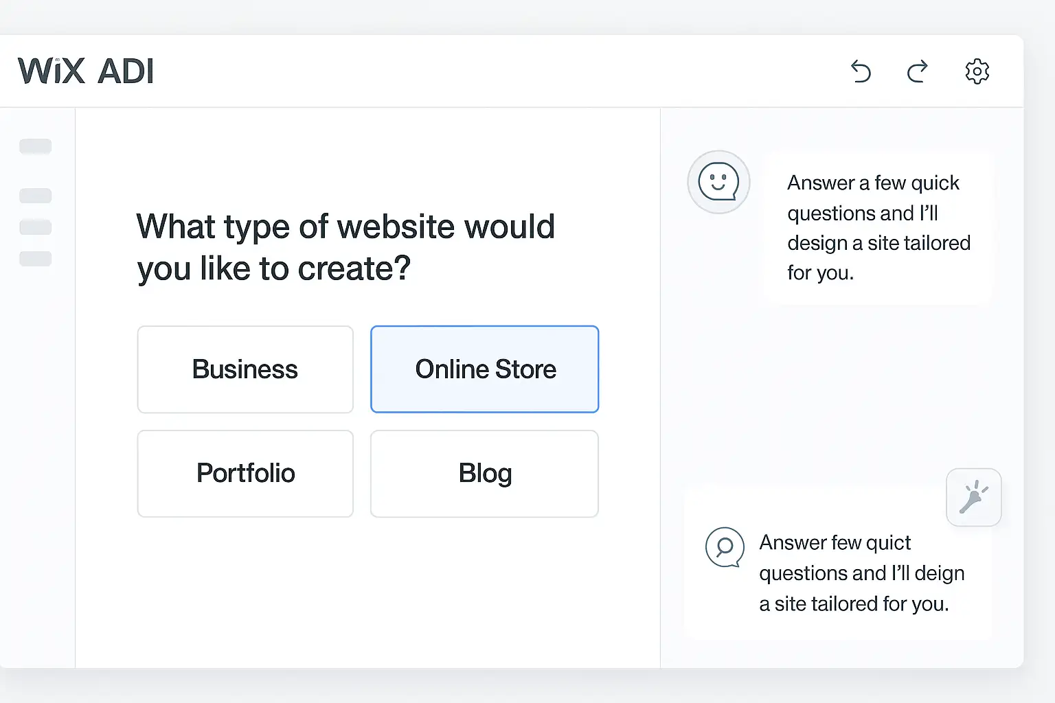 Screenshot of the Wix ADI interface, showing the AI asking questions to design a website. Screenshot of the Wix ADI interface, showing the AI asking questions to design a website.