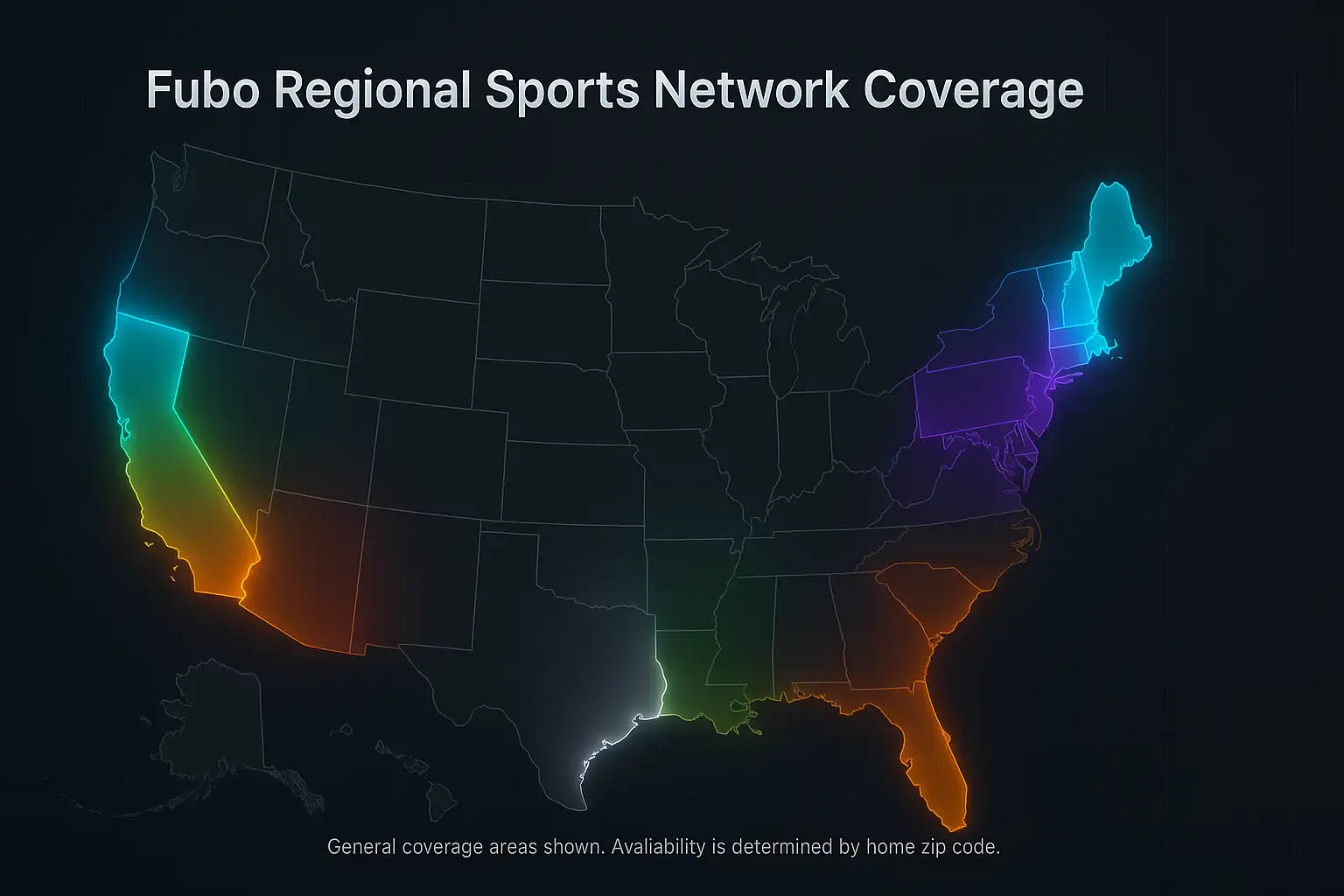 A map of the United States illustrating the extensive regional sports streaming service coverage provided by Fubo TV. A map of the United States illustrating the extensive regional sports streaming service coverage provided by Fubo TV.