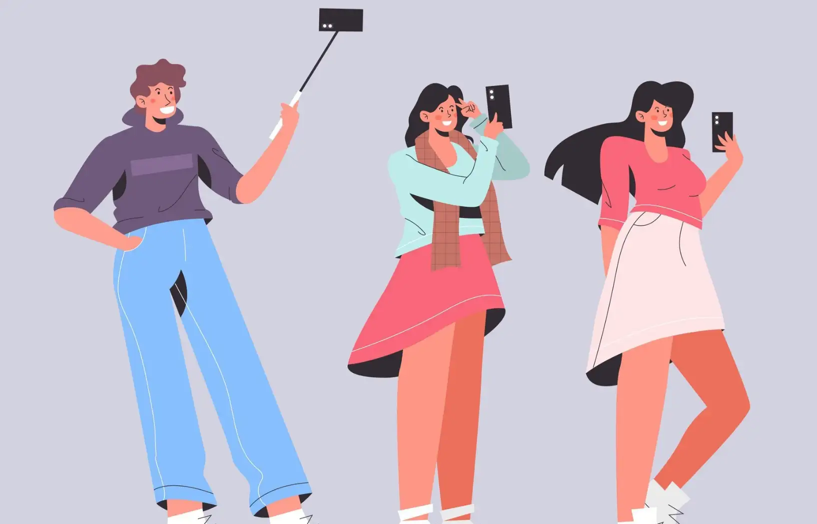 Three people taking selfies with phones