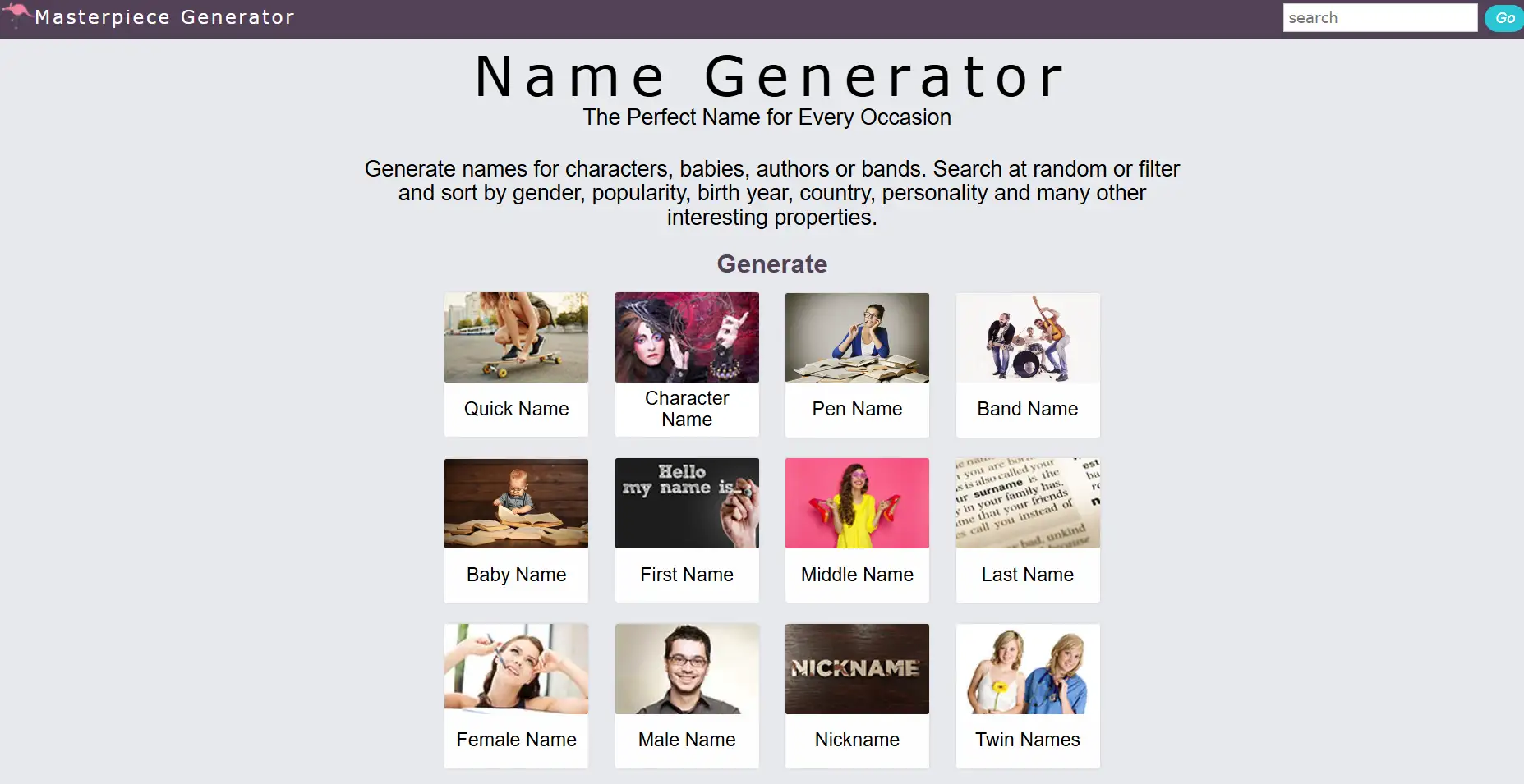 Name Generator's homepage Name Generator's homepage