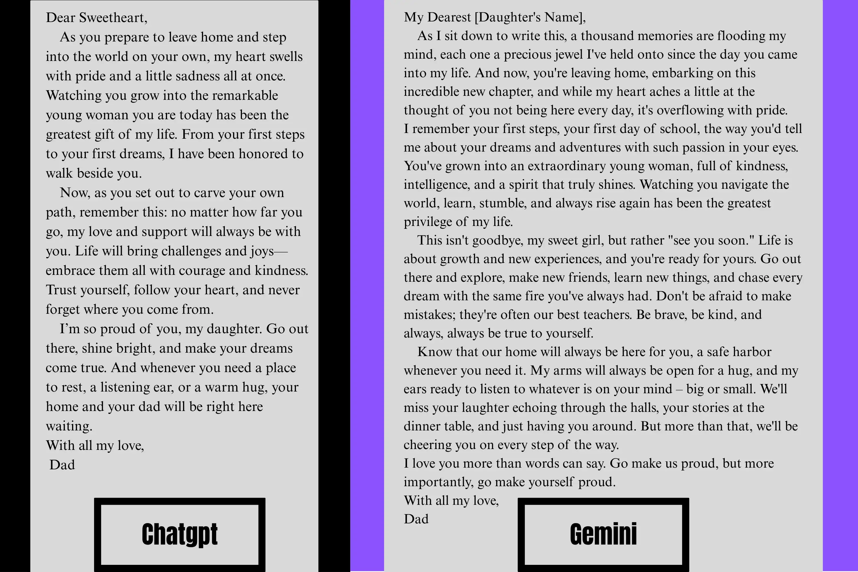 heartfelt goodbye letters generated by ChatGPT and Gemini