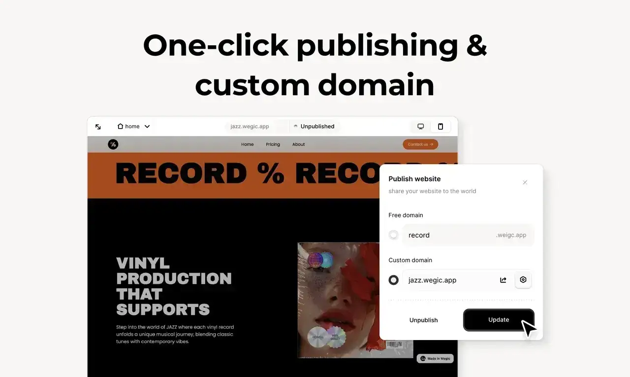 wegic interface oneclick publishing and domain customization
