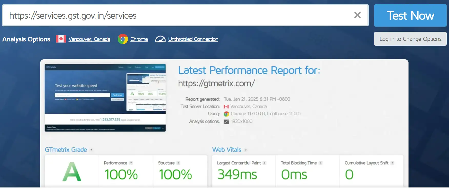 Testing GST website performance on GTMetrix