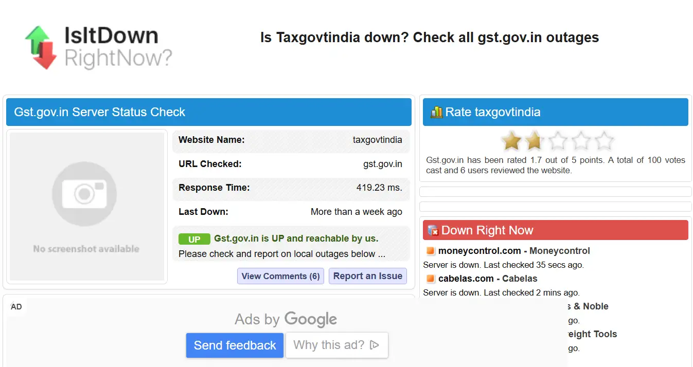 Testing GST website performance on IsItDownRightNow