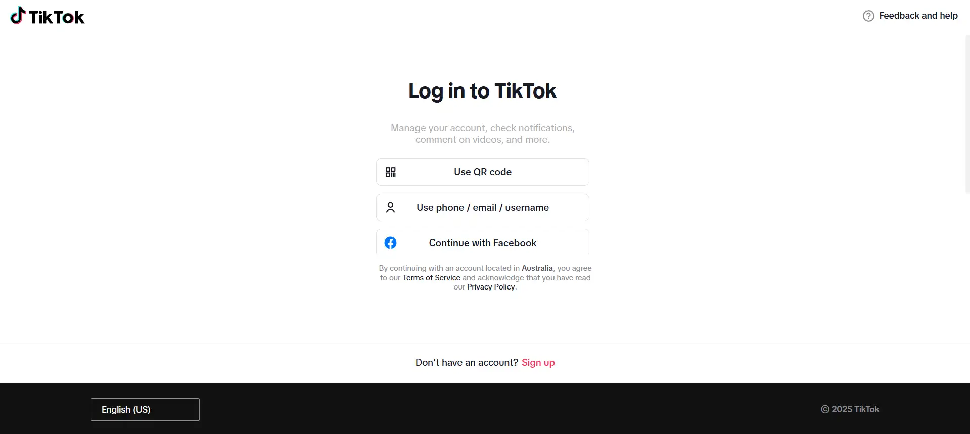 tiktok log in page