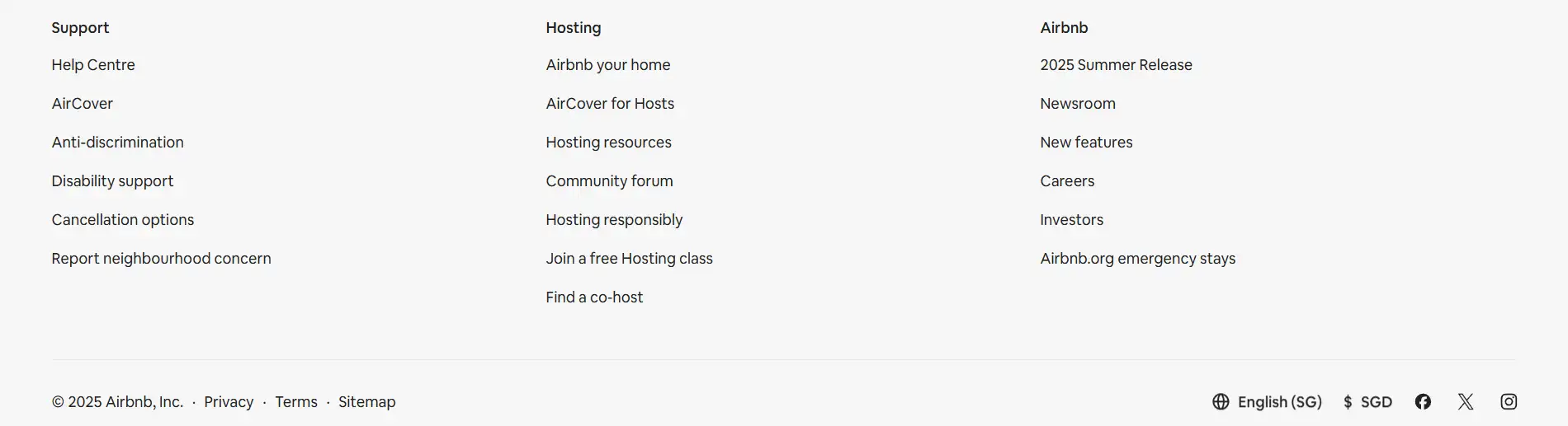 Footer of the Airbnb website Footer of the Airbnb website